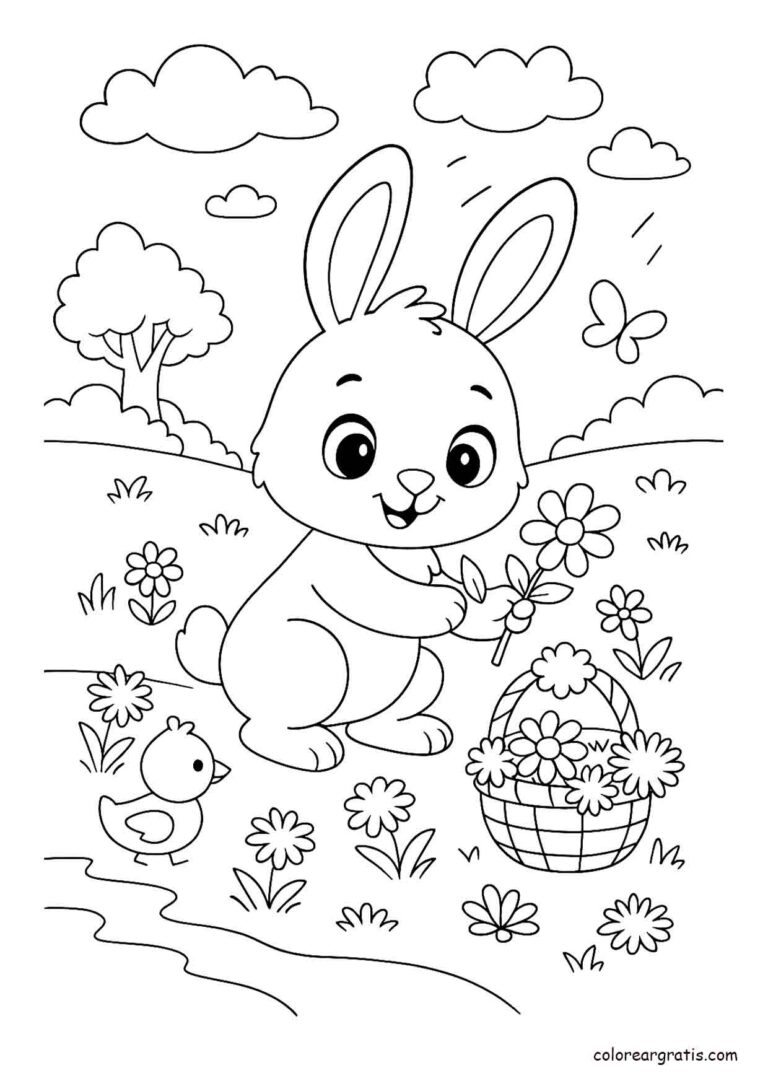 Ilustración en blanco y negro de un conejito recolectando flores con una canasta en un campo primaveral para colorear