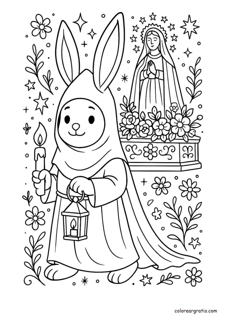 Ilustración en blanco y negro de un conejito vestido para Semana Santa, con vela y farol, caminando junto a una imagen de la Virgen María para colorear