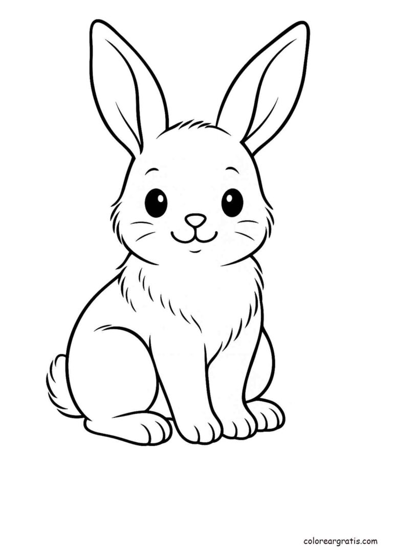 Ilustración en blanco y negro de un conejito sentado con expresión tierna para colorear