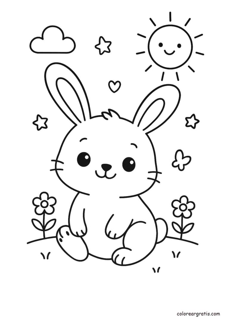 Ilustración en blanco y negro de un conejito sentado en un campo con flores, el sol y estrellas para colorear