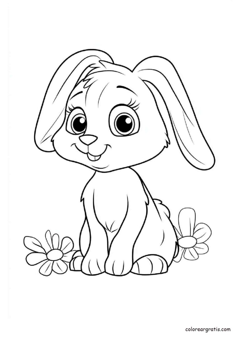 Ilustración en blanco y negro de un conejito adorable con flores para colorear