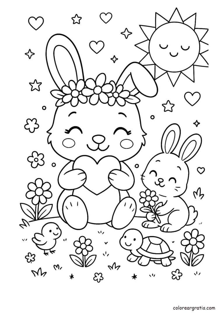 Ilustración en blanco y negro de dos conejitos con flores, un corazón, el sol, y amigos animales para colorear