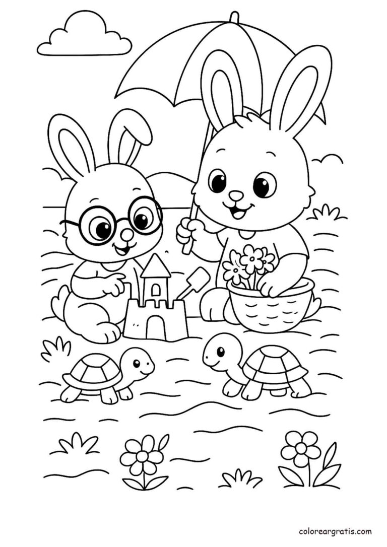 Ilustración en blanco y negro de dos conejitos construyendo un castillo de arena junto a tortugas en la playa para colorear