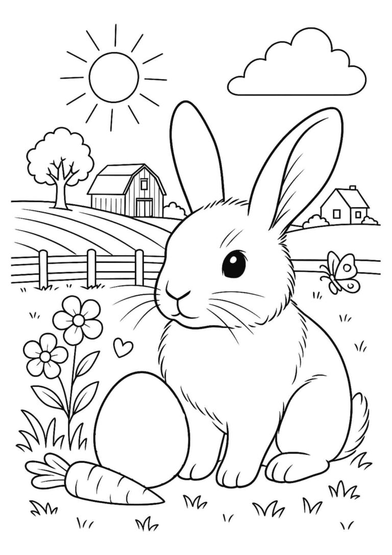 Ilustración en blanco y negro de un conejo sentado con un huevo de Pascua y zanahoria en la granja para colorear