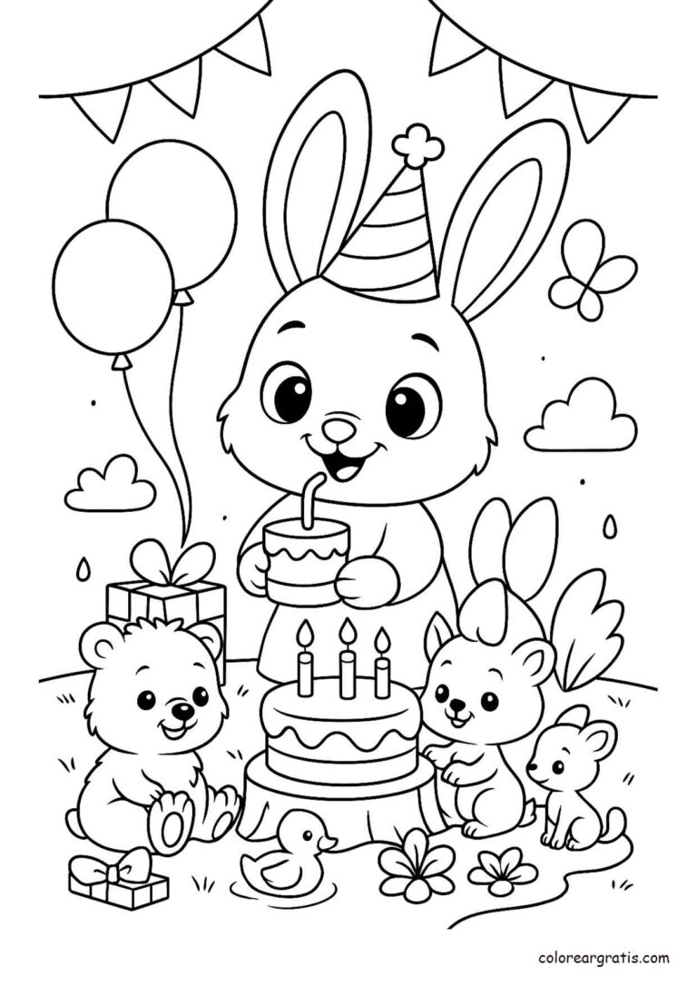 Ilustración en blanco y negro de un conejito celebrando su cumpleaños con animales amigos para colorear