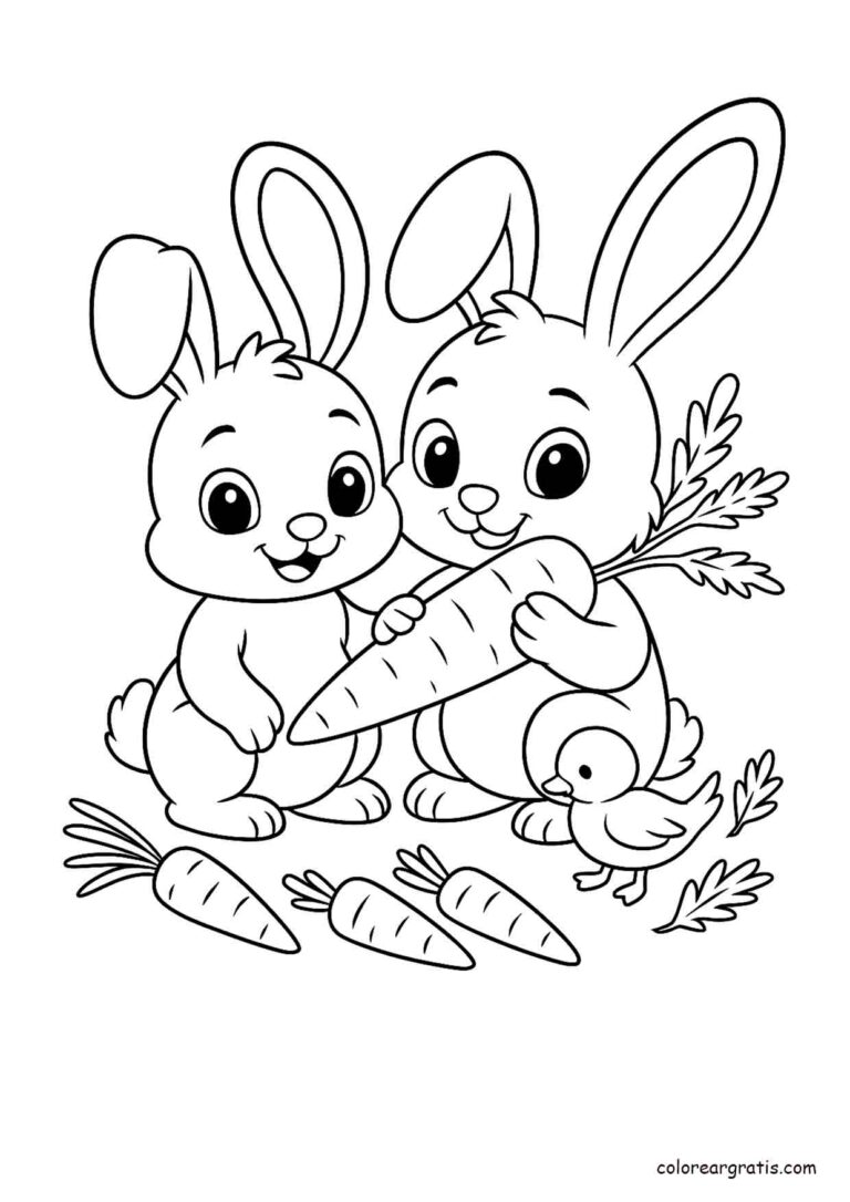 Ilustración en blanco y negro de dos conejitos compartiendo una zanahoria para colorear