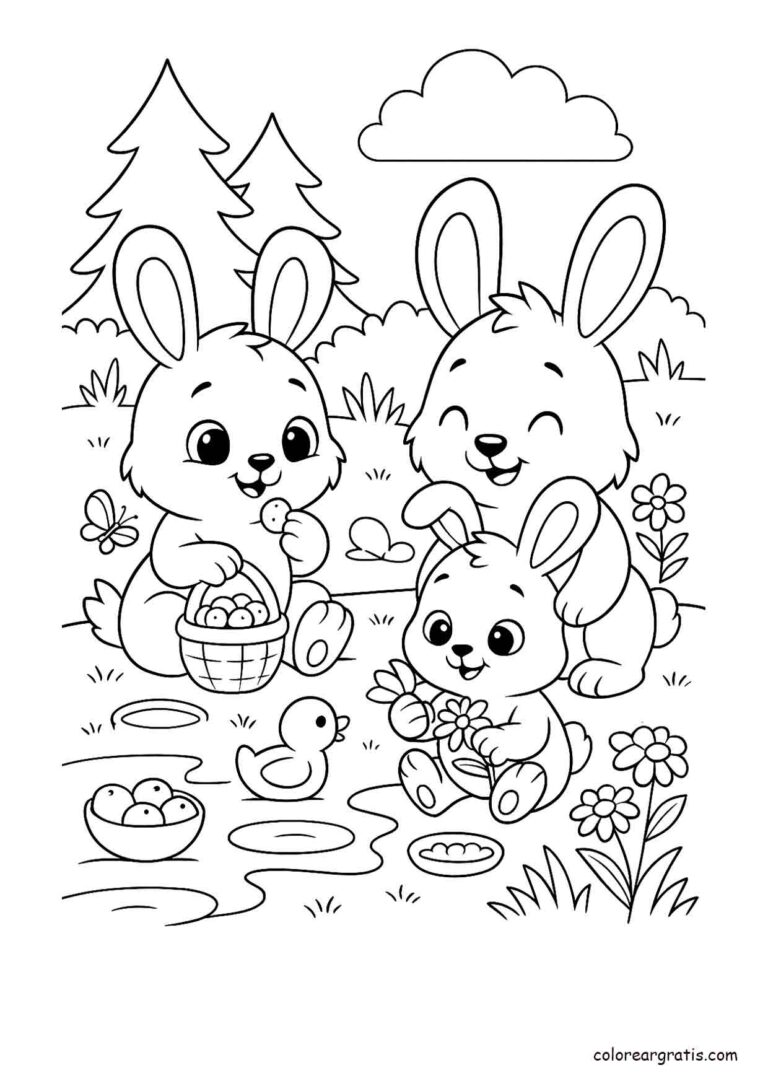 Ilustración en blanco y negro de una familia de conejitos junto a un estanque con flores, patito y árboles para colorear