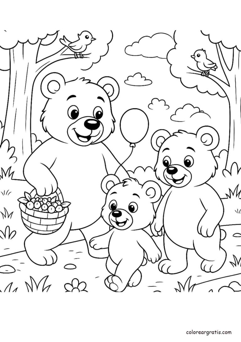 Dibujo para colorear de una familia de osos paseando por el bosque con una cesta de frutas y un globo