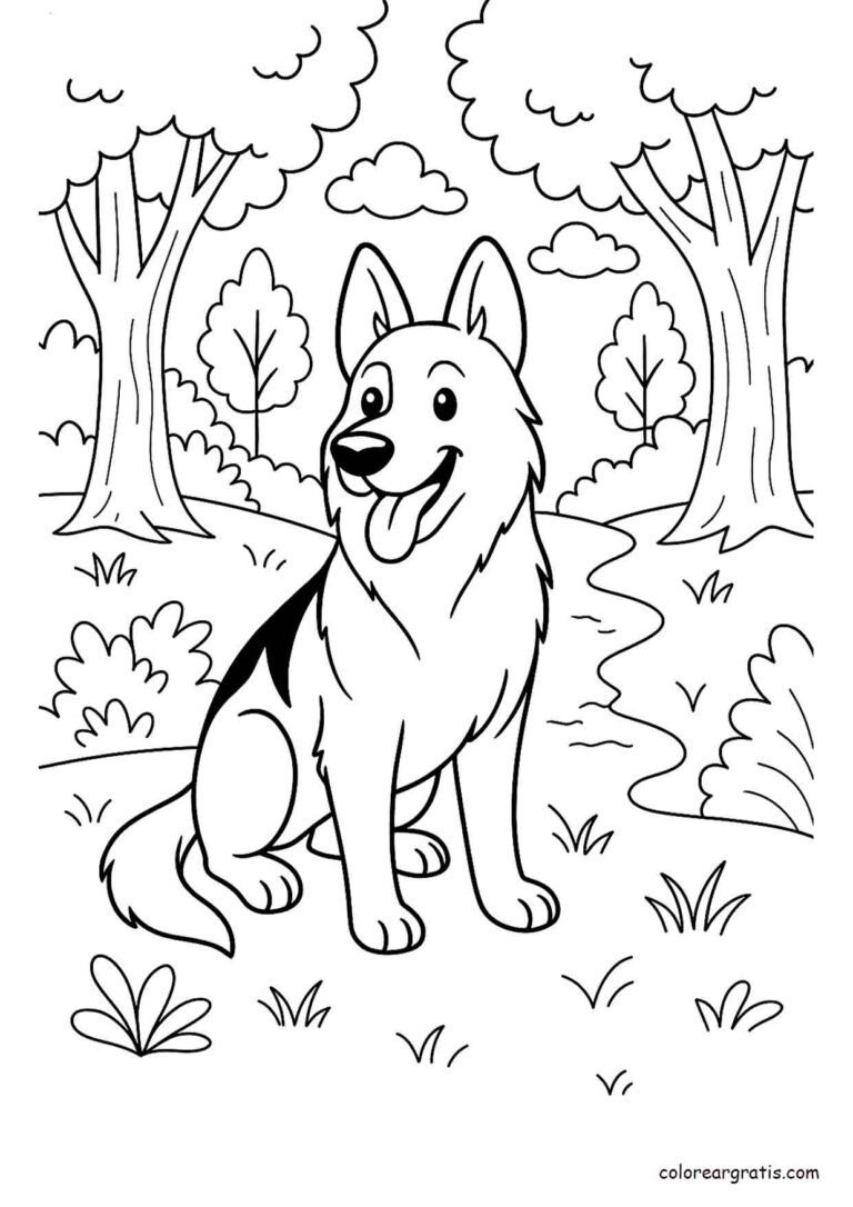 Dibujo de un pastor alemán feliz en el bosque para colorear