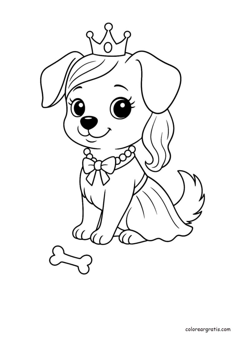 Dibujo de una perrita con corona y vestido de princesa para colorear