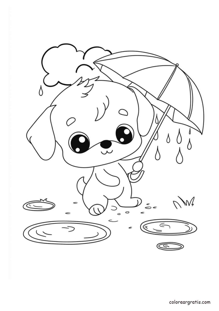 Dibujo de un perrito con paraguas para colorear bajo la lluvia