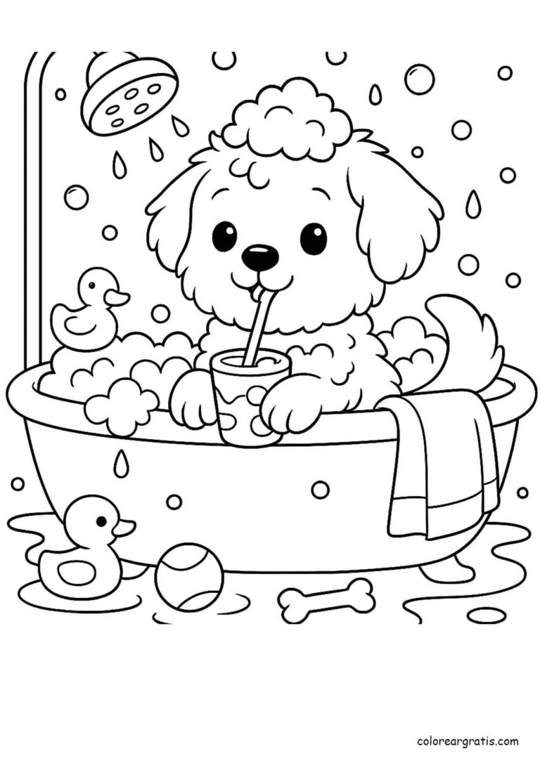 Perrito adorable en la bañera con espuma y patitos para colorear
