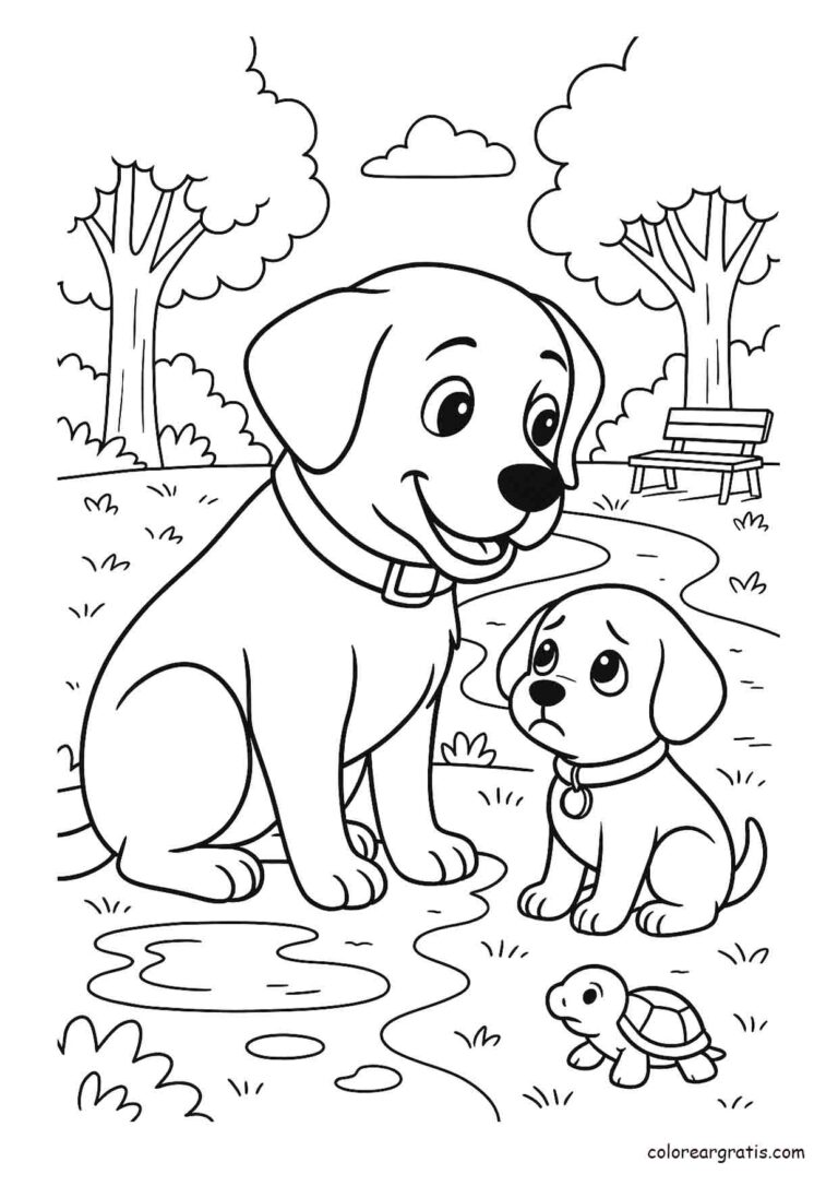 Dibujo tierno para colorear de dos perritos y una tortuga – Dibujos de Perros para Colorear