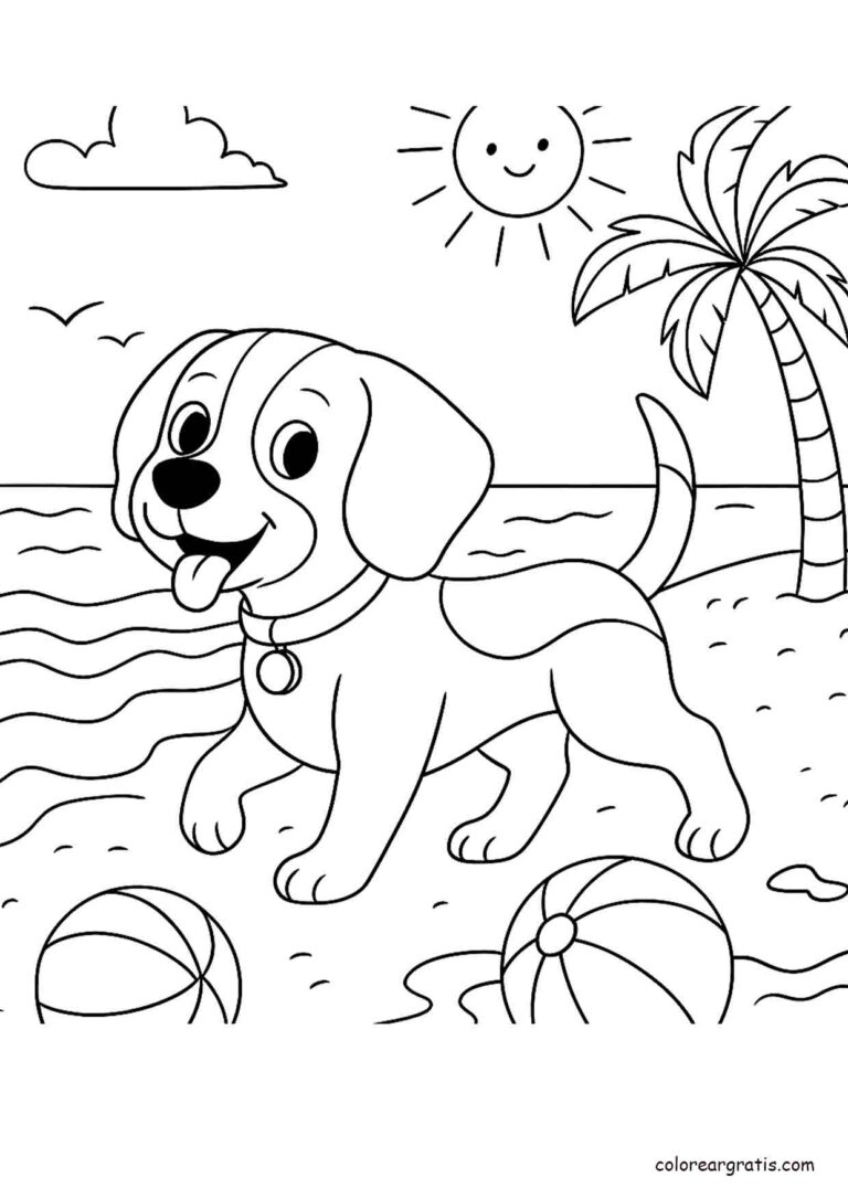 Dibujo de un beagle alegre en la playa con pelotas para colorear