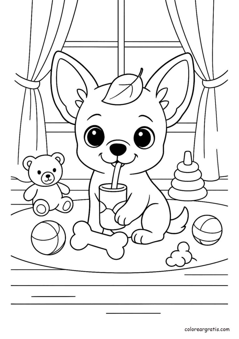Dibujo adorable de un perro chihuahua con juguetes para colorear