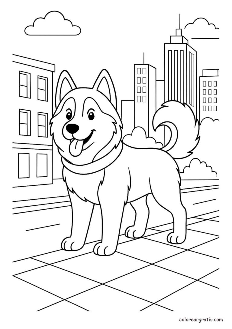 Dibujo para colorear de un perro husky feliz en una ciudad moderna