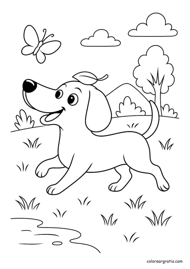 Dibujo adorable de un perro salchicha jugando con una mariposa para colorear