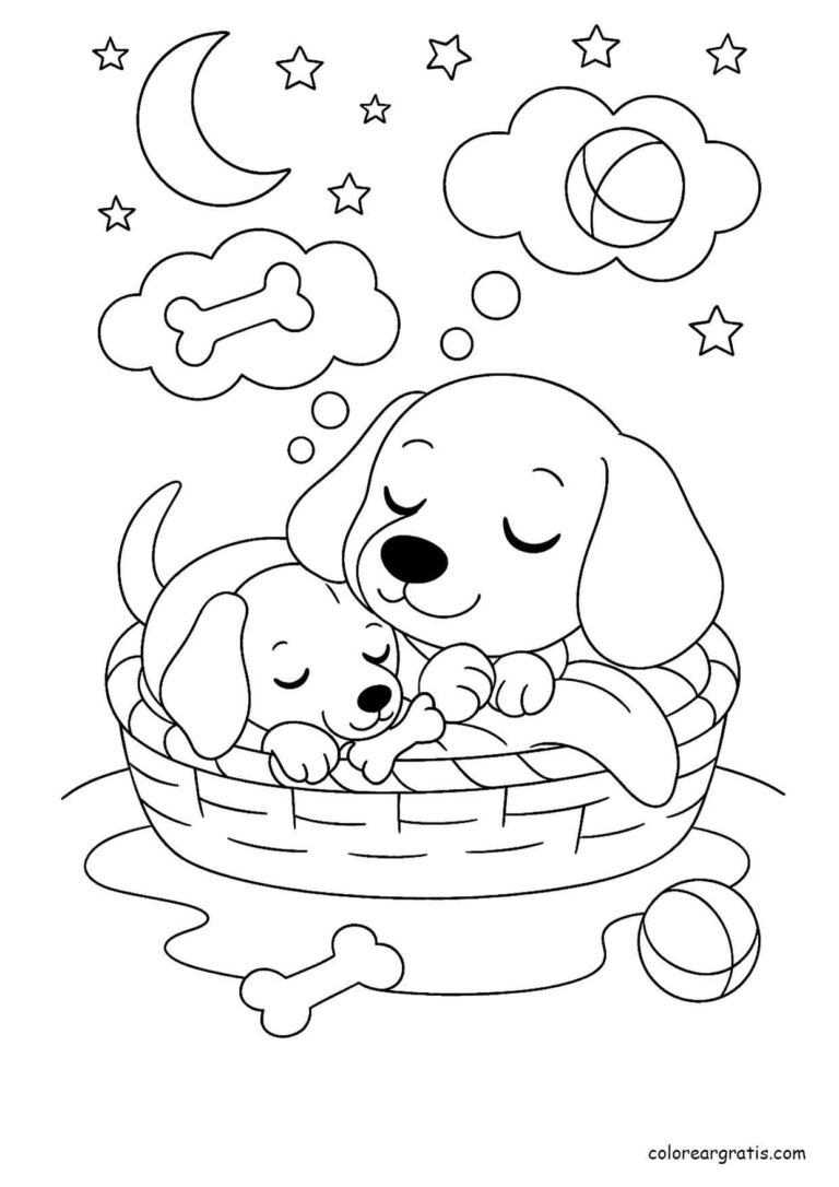 Dibujo para colorear de perros durmiendo en una cesta con huesos y estrellas