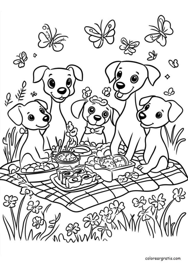 Dibujo para colorear de una familia de perritos haciendo un picnic rodeados de naturaleza