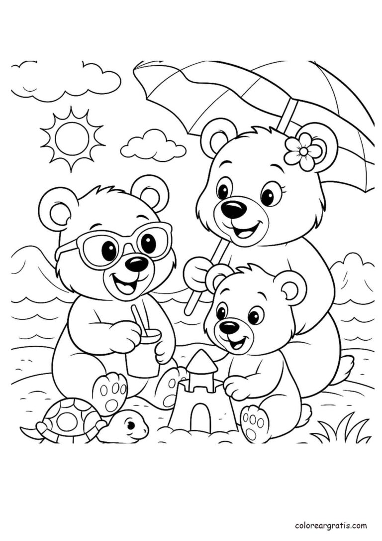 Dibujo para colorear de una familia de osos construyendo un castillo de arena en la playa