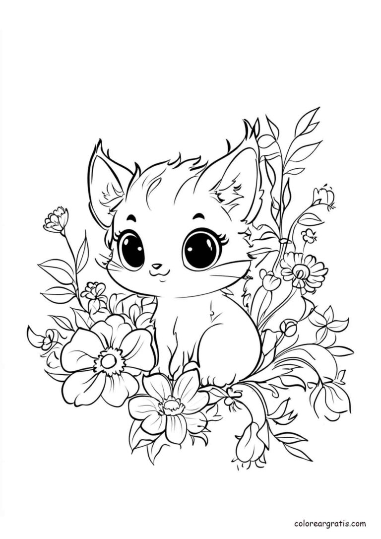 Ilustración de un gatito tierno rodeado de flores para colorear