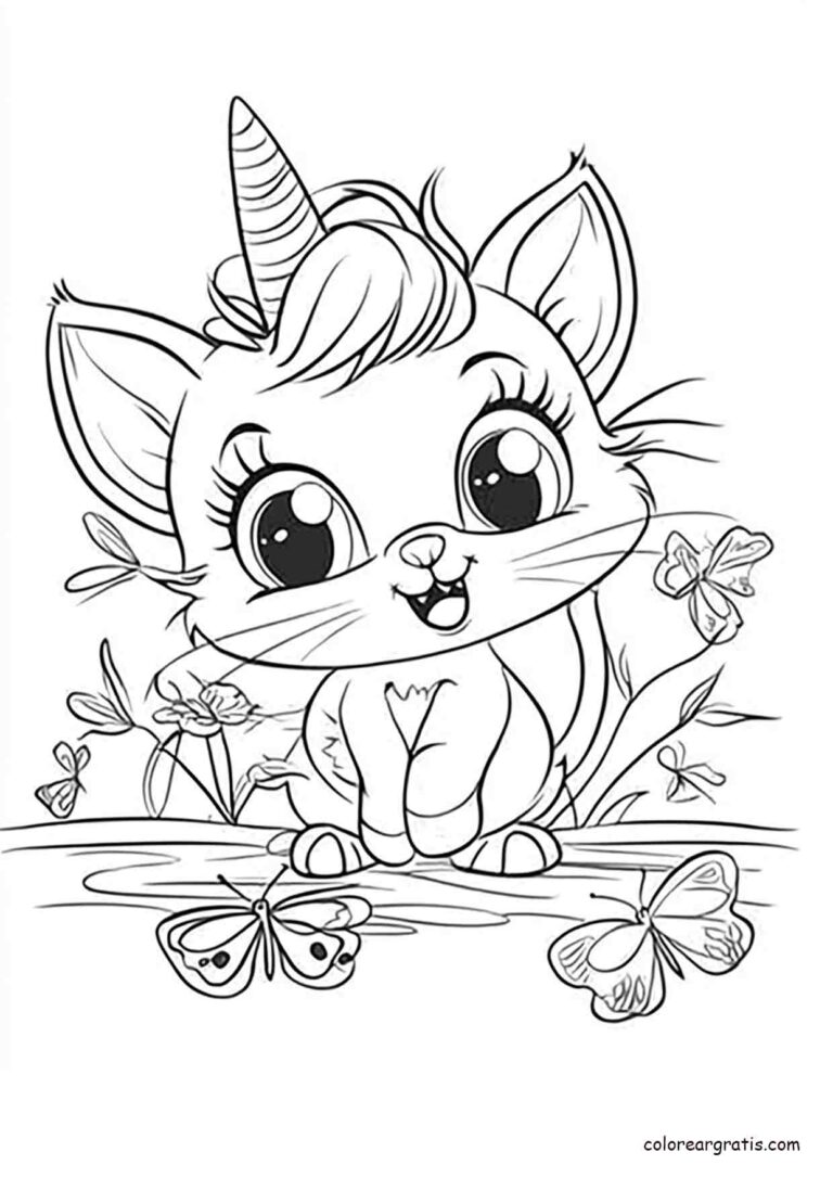 Dibujo encantador de un gatito unicornio con mariposas para colorear