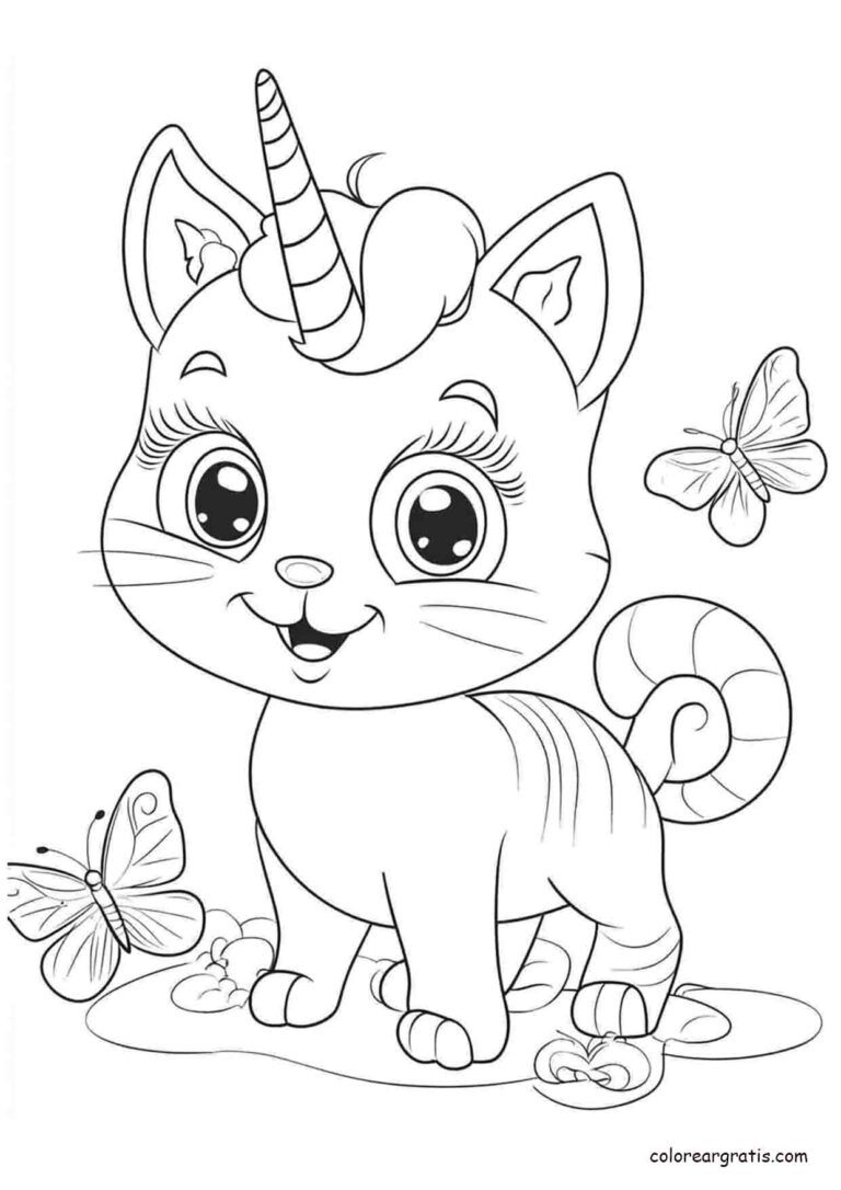 Dibujo de un tierno gatito unicornio con mariposas para colorear