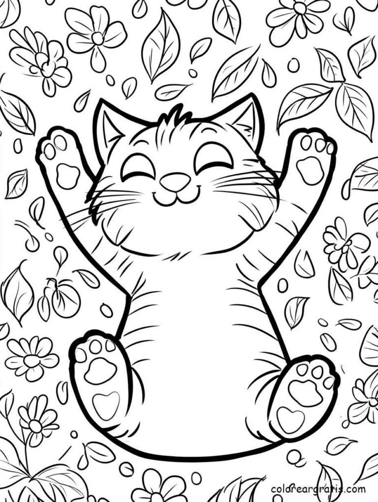 Happy kitten lying on its back in flowers and leaves – coloring page