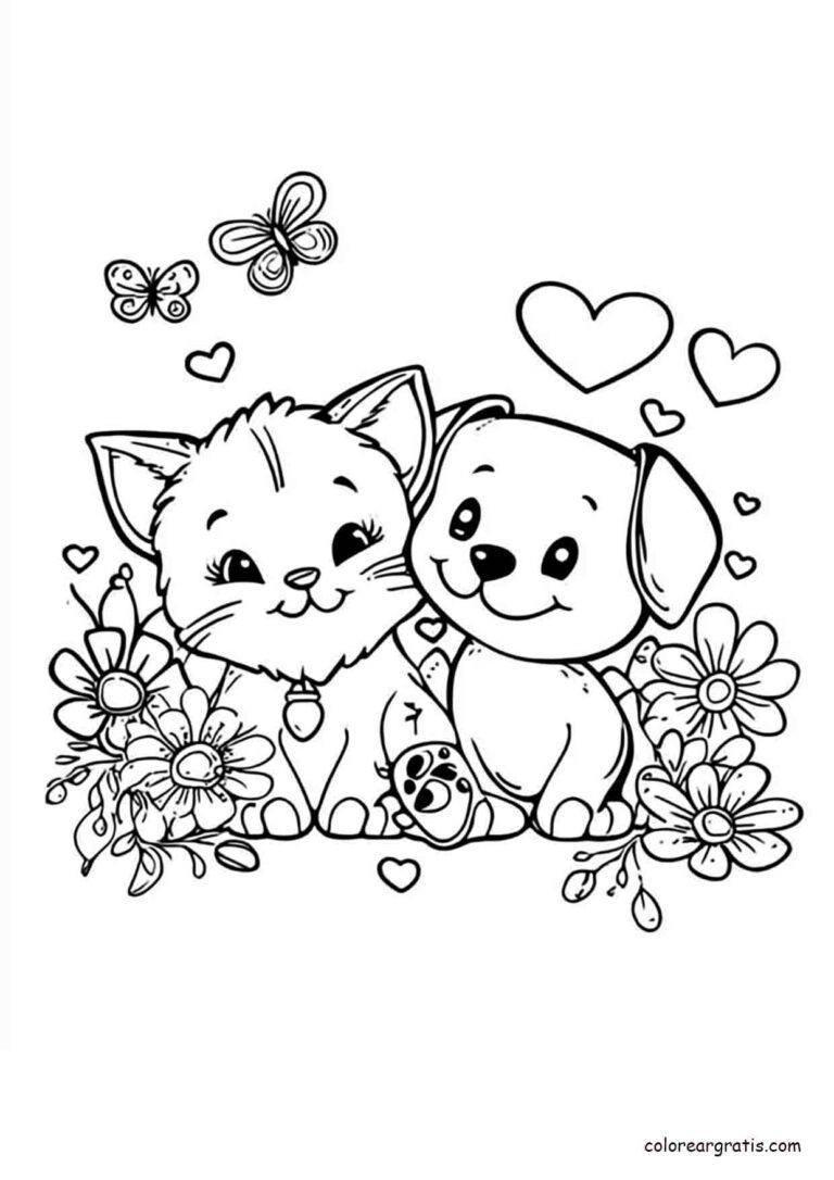 Kitten Puppy Flowers Coloring Page