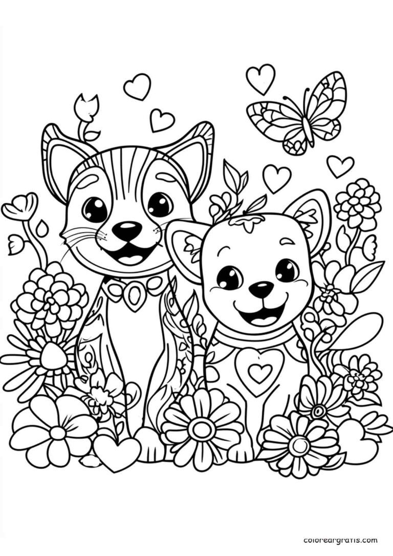 Kitten Puppy Flowers Coloring Page