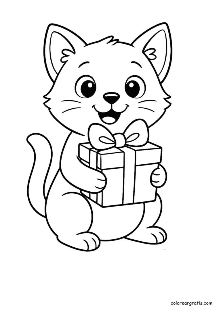 Happy kitten holding a gift box – coloring page