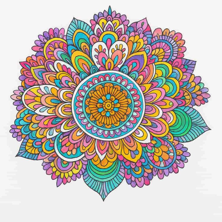INICIO 3 Mandala coloreada con diseños florales y colores vivos sobre fondo blanco