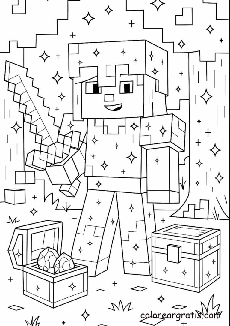Imagen de Minecraft con armadura diamante cofre para colorear en casa — descarga gratuita