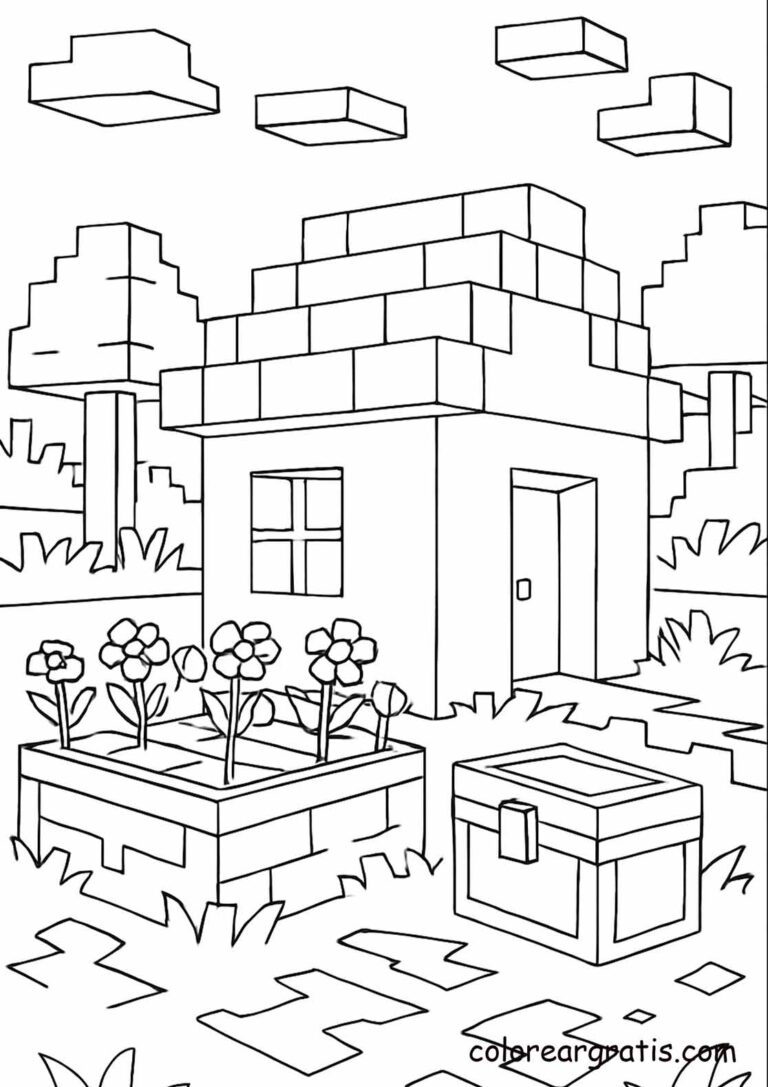 Imagen de Minecraft con casa villager cofre para colorear en casa — descarga gratuita
