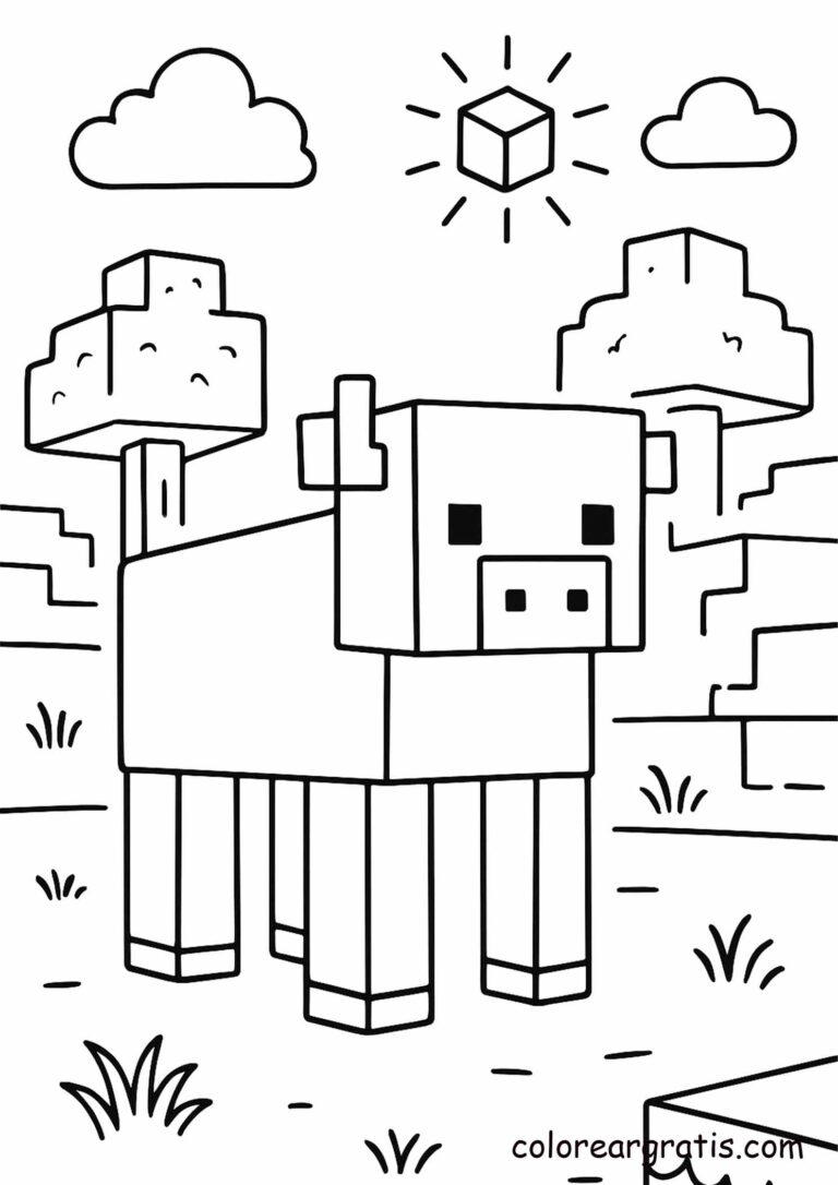 Escena creativa de Minecraft con cerdo pasto lista para imprimir