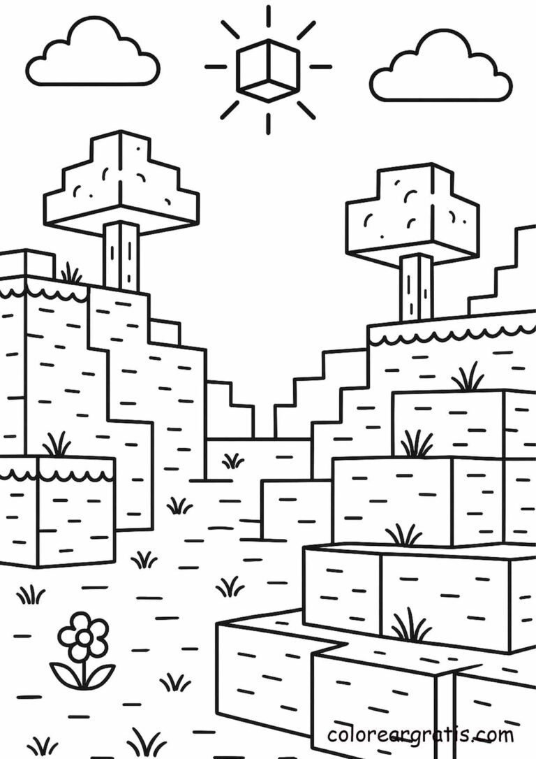 Escena creativa de Minecraft con paisaje bloques lista para imprimir