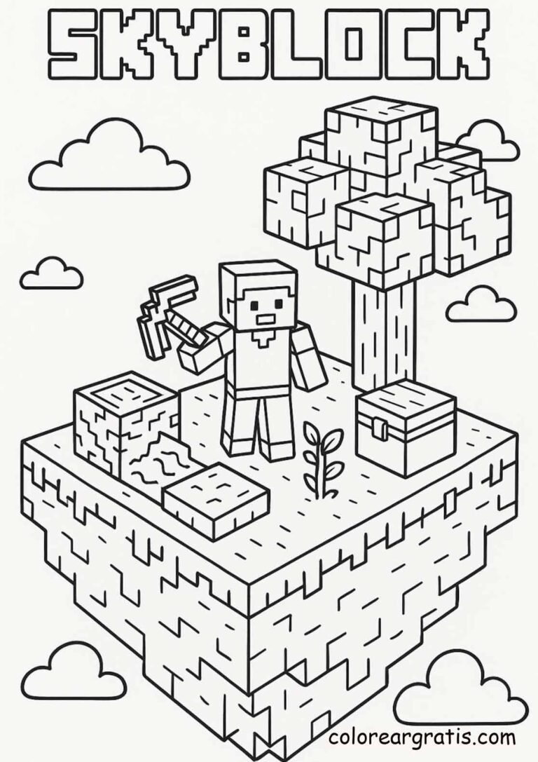 Hoja para colorear de Minecraft con skyblock steve — actividad imprimible