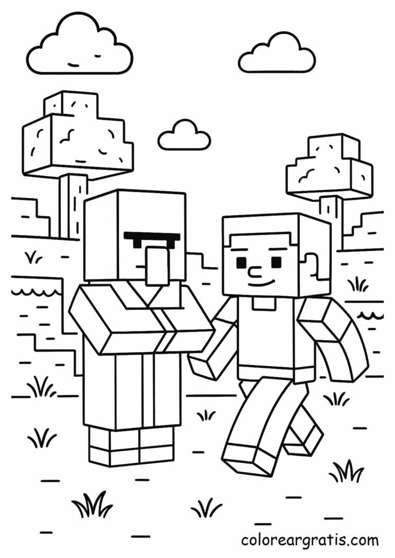 Imagen de Minecraft con steve aldeano para colorear en casa — descarga gratuita
