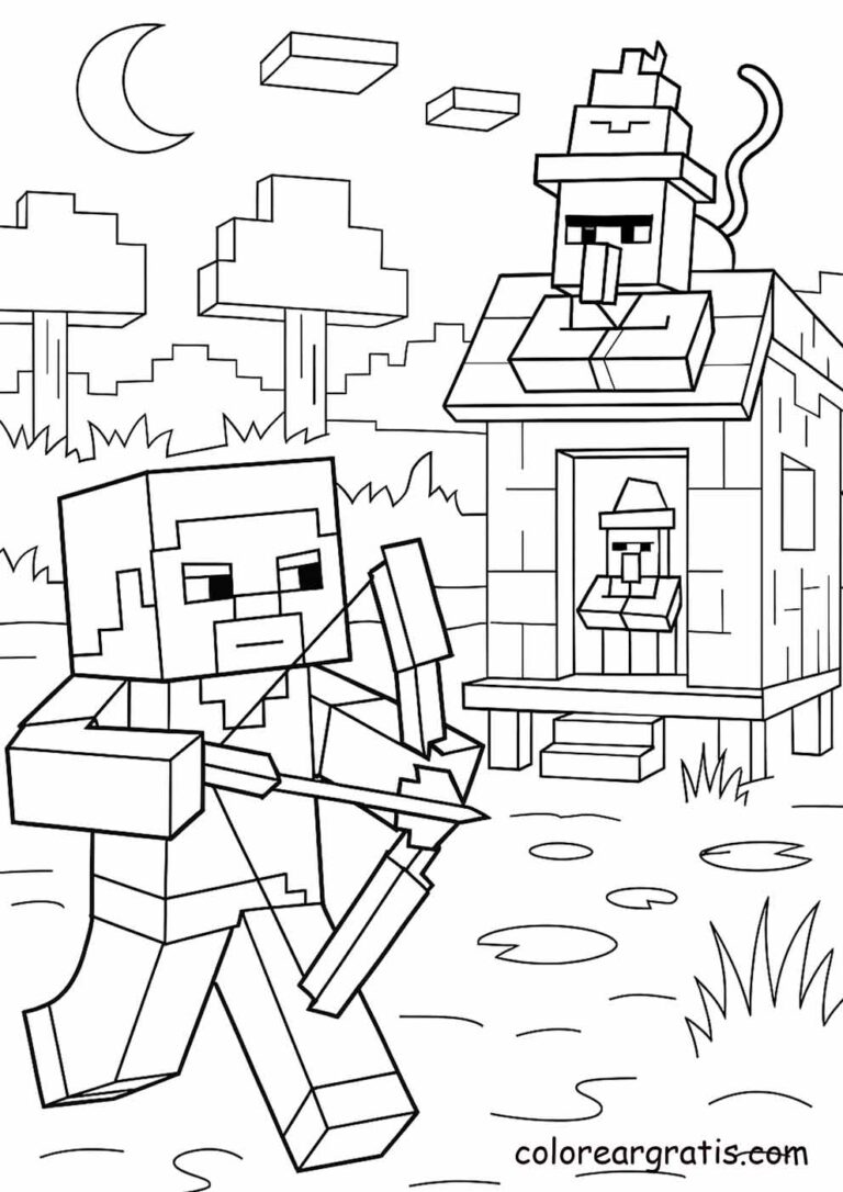 Imagen de Minecraft con steve arco villager para colorear en casa — descarga gratuita