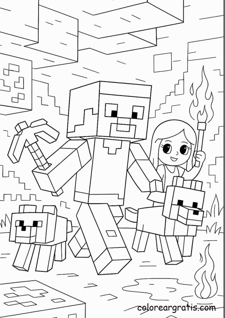 Imagen de Minecraft con steve cueva amigos para colorear en casa — descarga gratuita