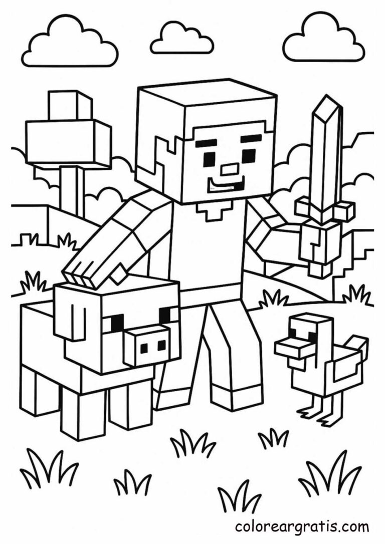 Imagen de Minecraft con steve espada cerdo para colorear en casa — descarga gratuita