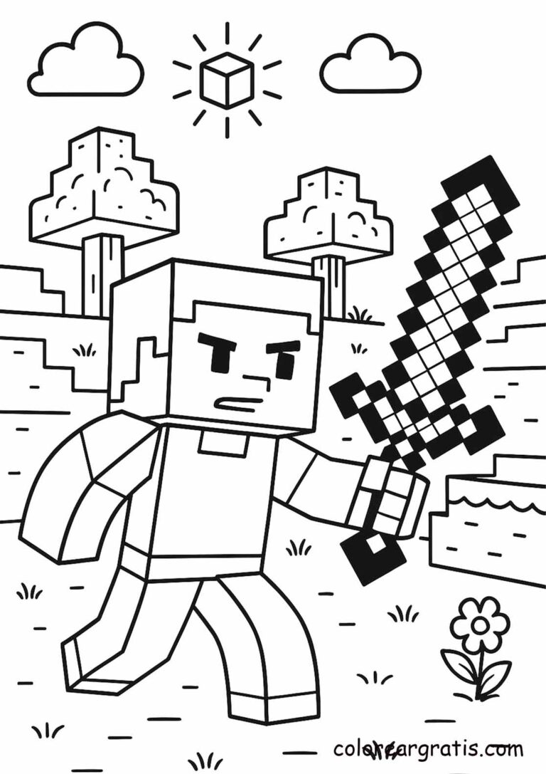 Hoja para colorear de Minecraft con steve espada listo — actividad imprimible