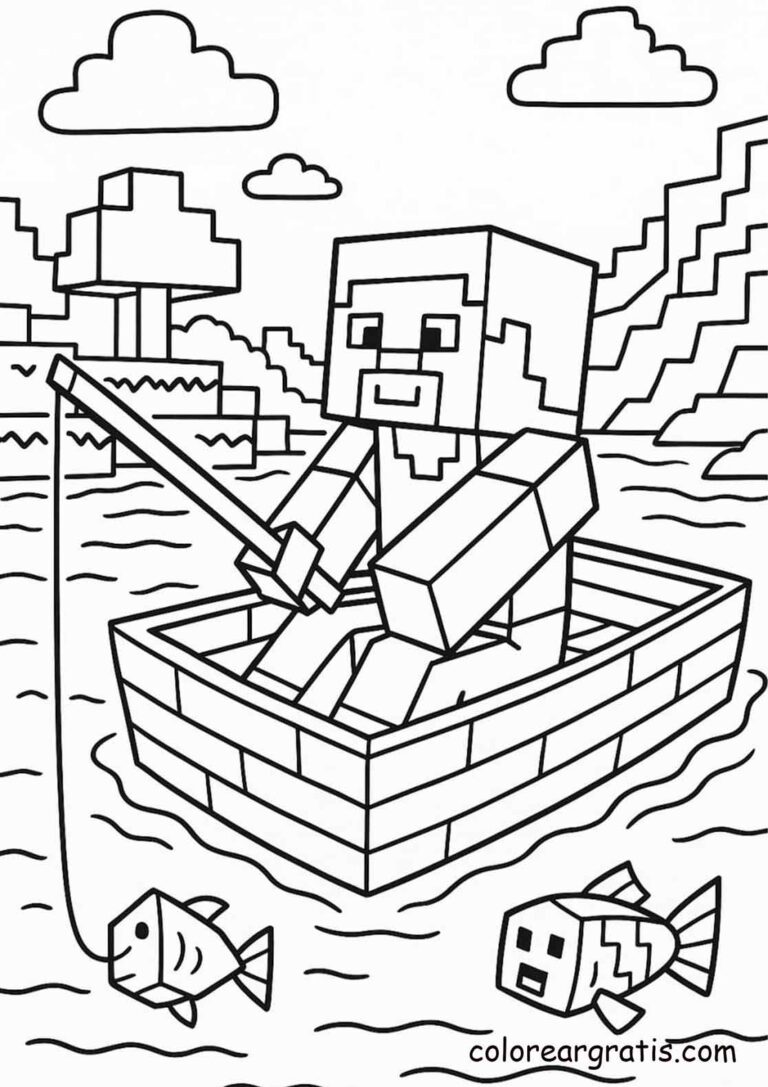 Escena creativa de Minecraft con steve pescando barco lista para imprimir