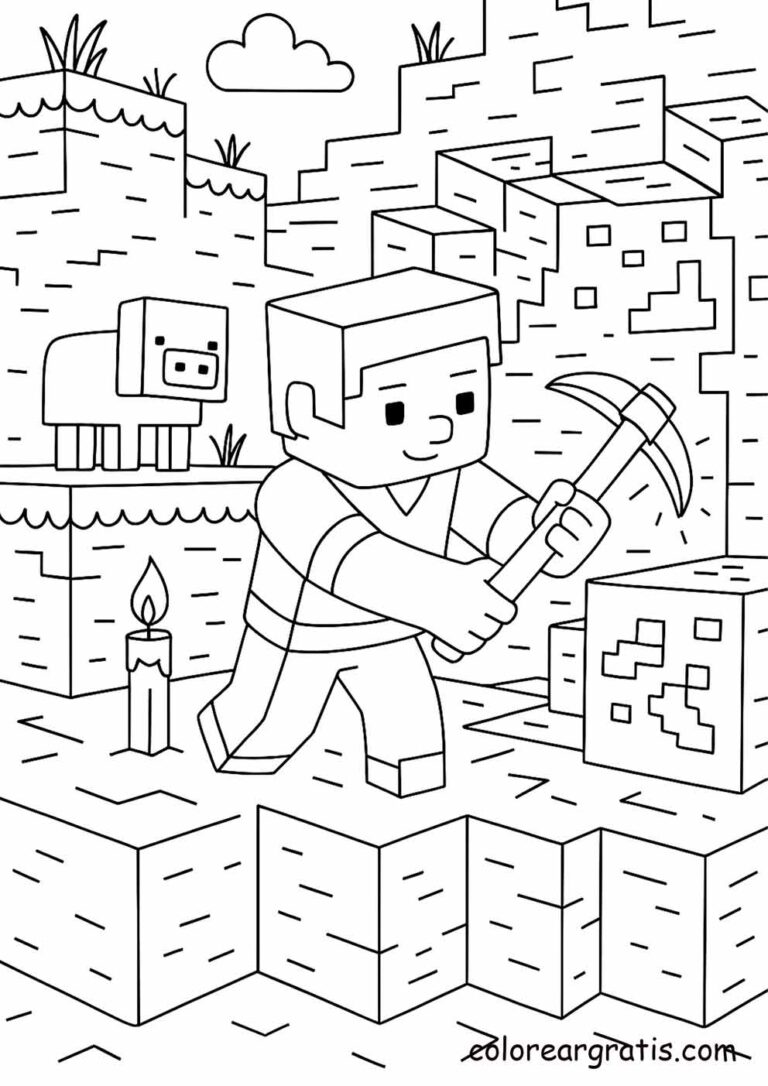 Escena creativa de Minecraft con steve pico mina lista para imprimir
