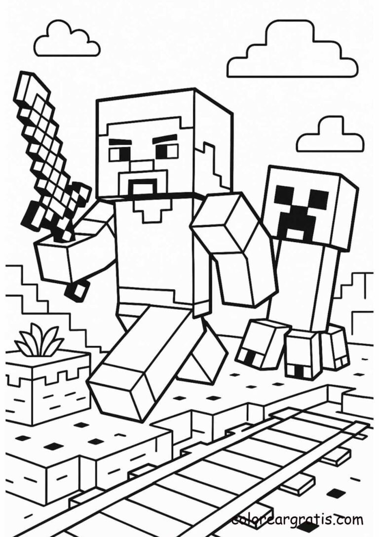 Imagen de Minecraft con steve vagoneta creeper para colorear en casa — descarga gratuita