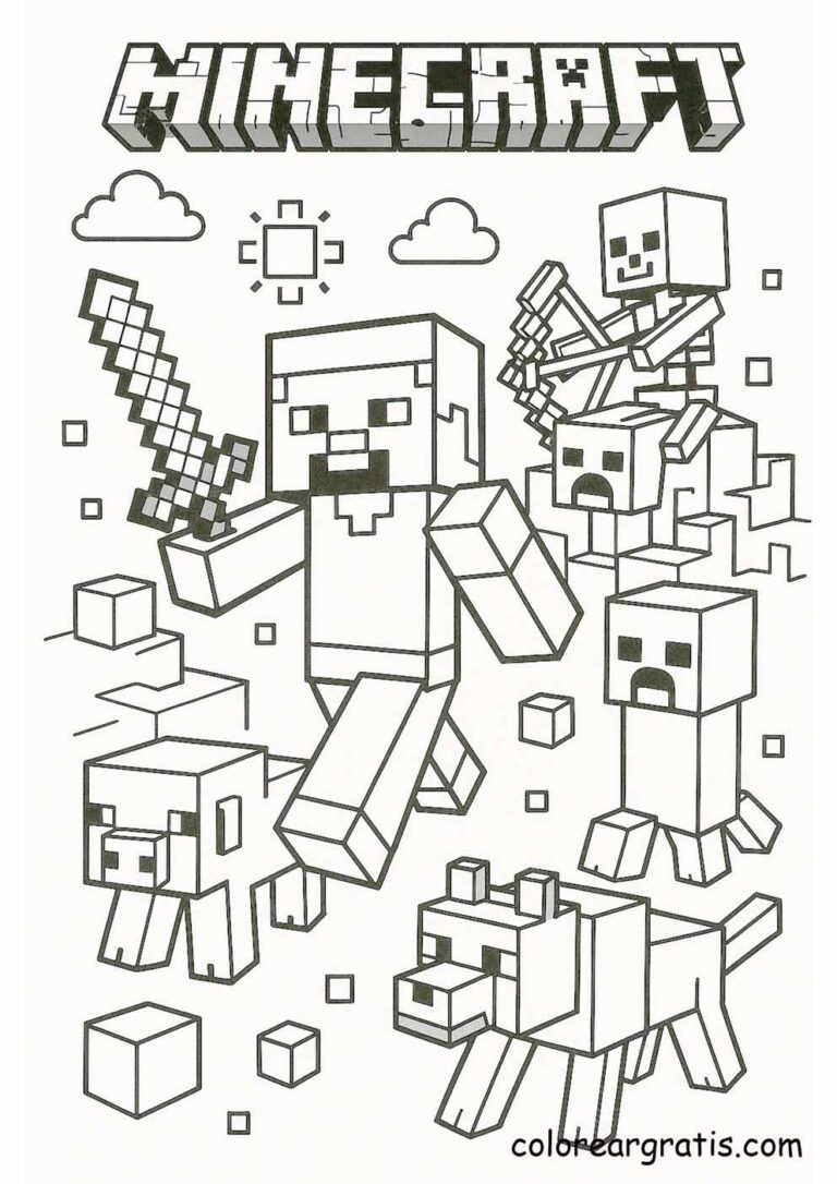 Imagen de Minecraft con steve vs mobs epico para colorear en casa — descarga gratuita