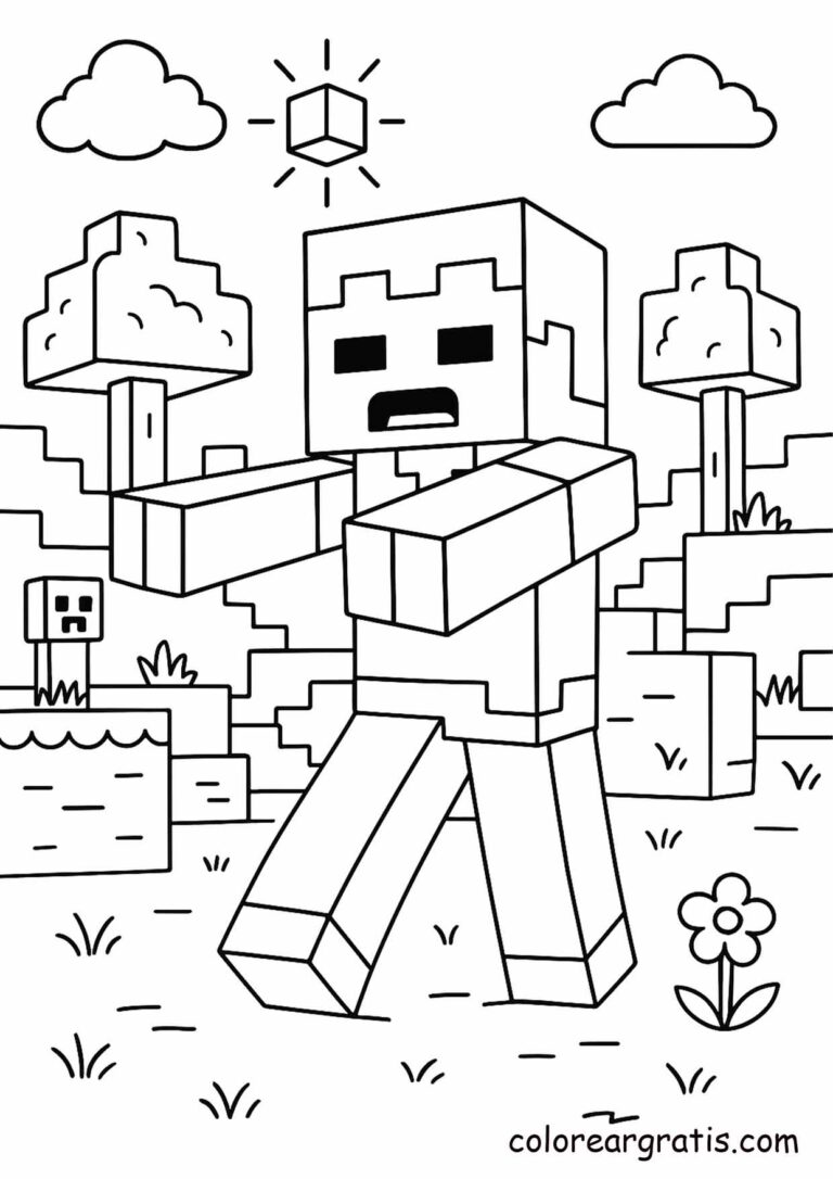 Imprimible gratuito con steve vs mobs epico en un entorno de bloques — ¡a colorear!