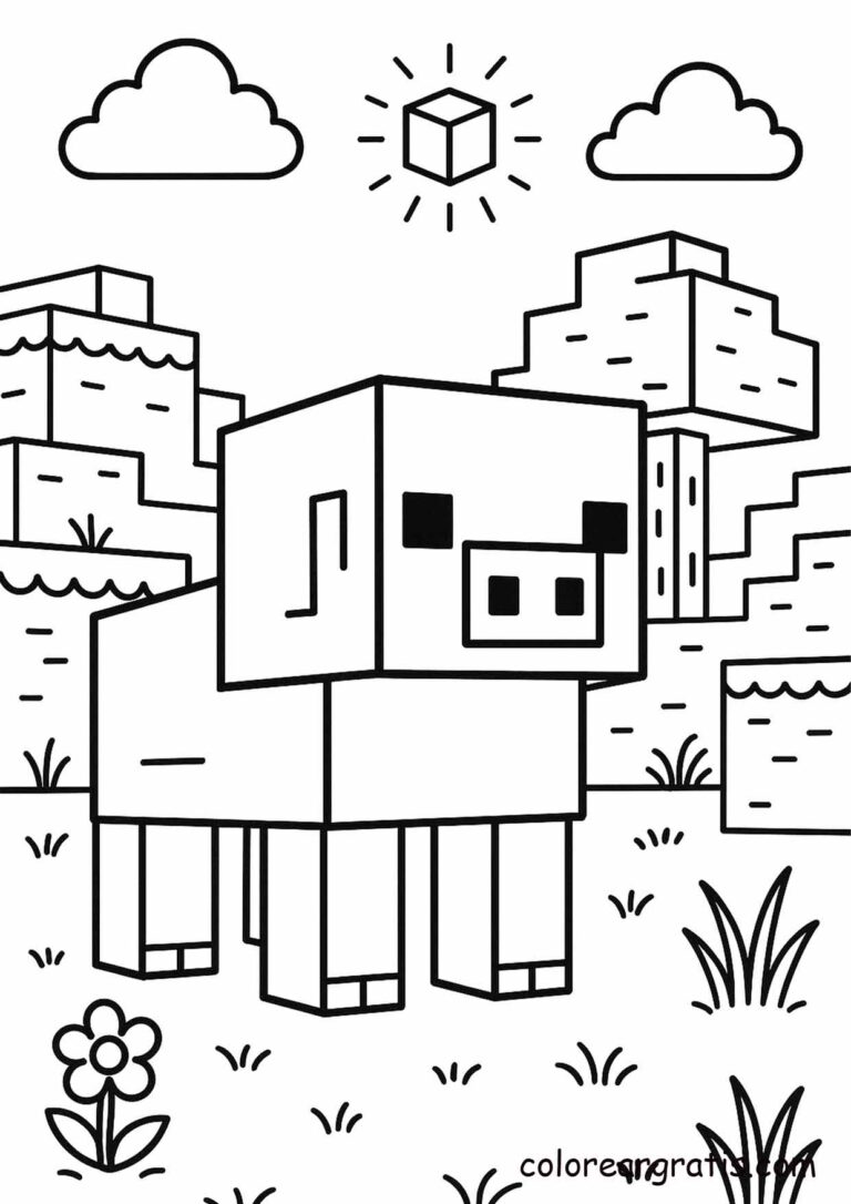 Creative Minecraft scene with cerdo pixel lista para imprimir