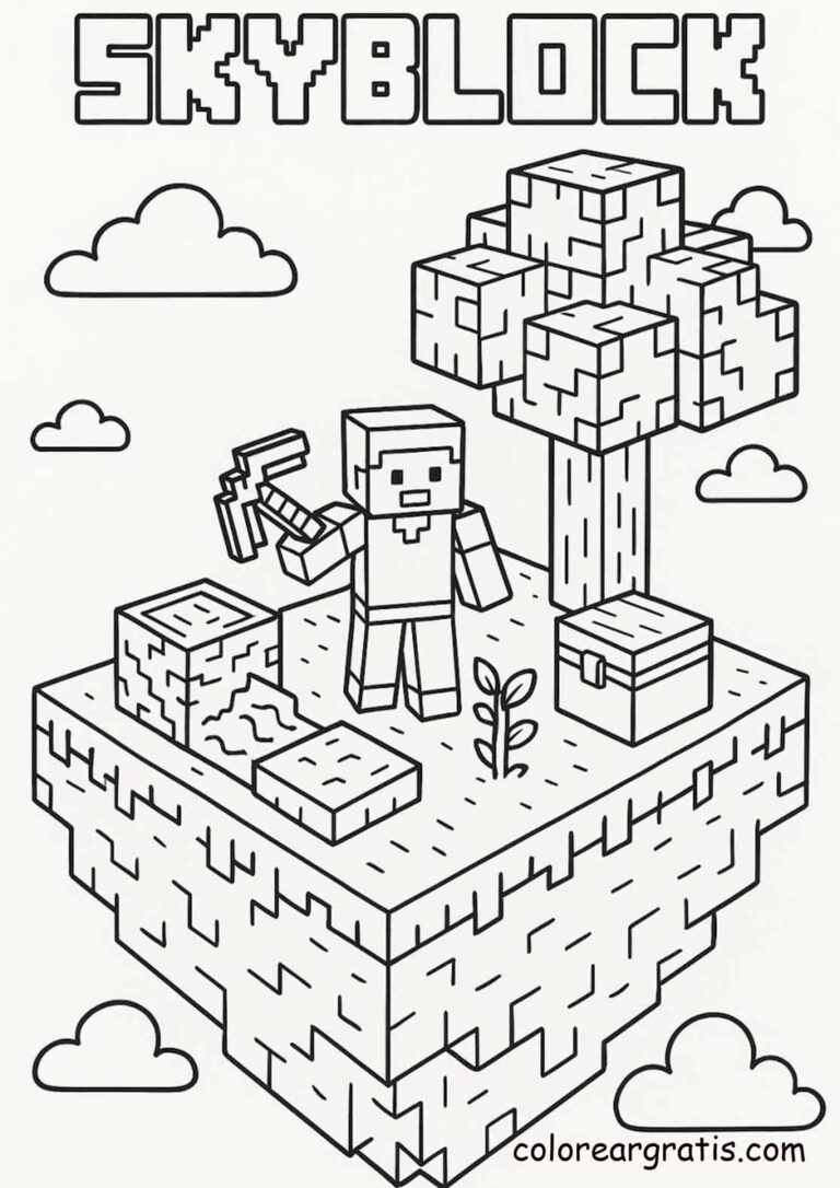 Minecraft coloring sheet featuring skyblock steve — printable activity
