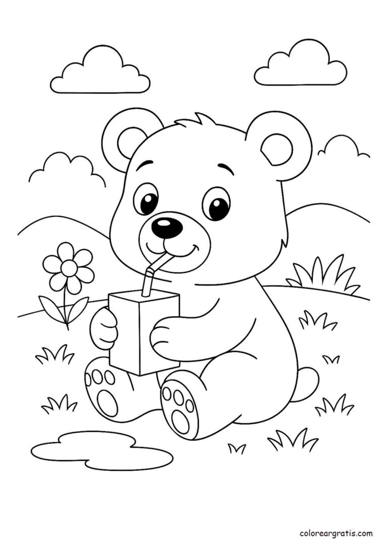 Dibujo de un osito sentado bebiendo jugo con una pajilla